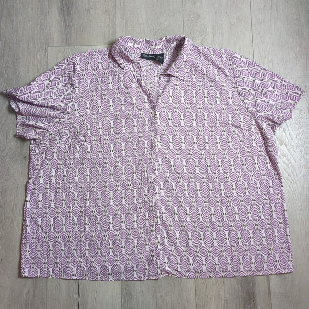 Maggie Barnes Top Womens 3X Purple Geometric Button Up Tunic Shirt Short Sleeve